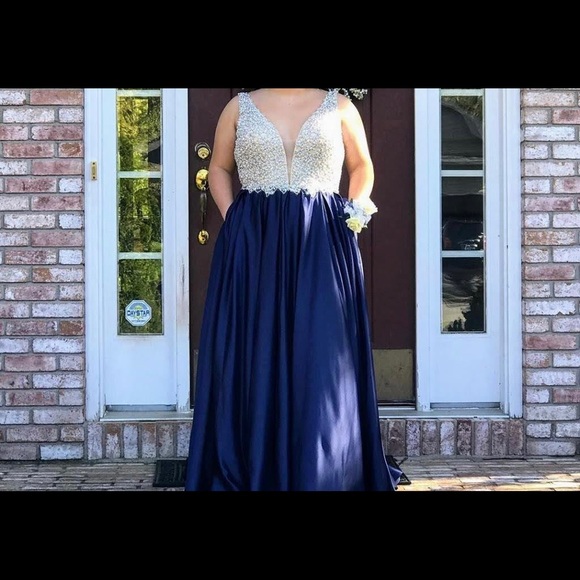 Navy blue and pearl detailing Dave and Johnny dress Dust bag included